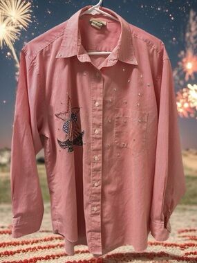Women’s Beaded Embellished Red Stripe Button-Down Shirt Size L